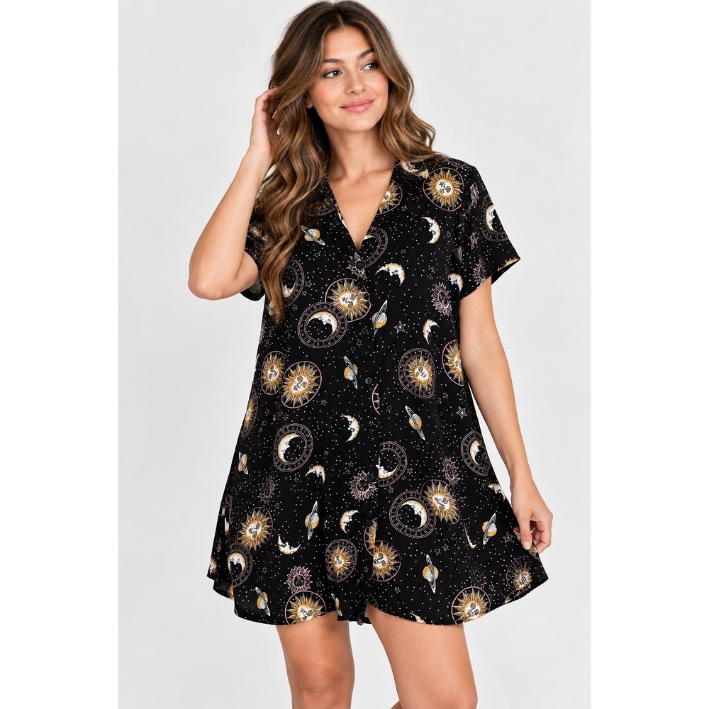 Celestial Sun Moon Planet V-Neck Button Front Mini Dress Black Short Sleeve